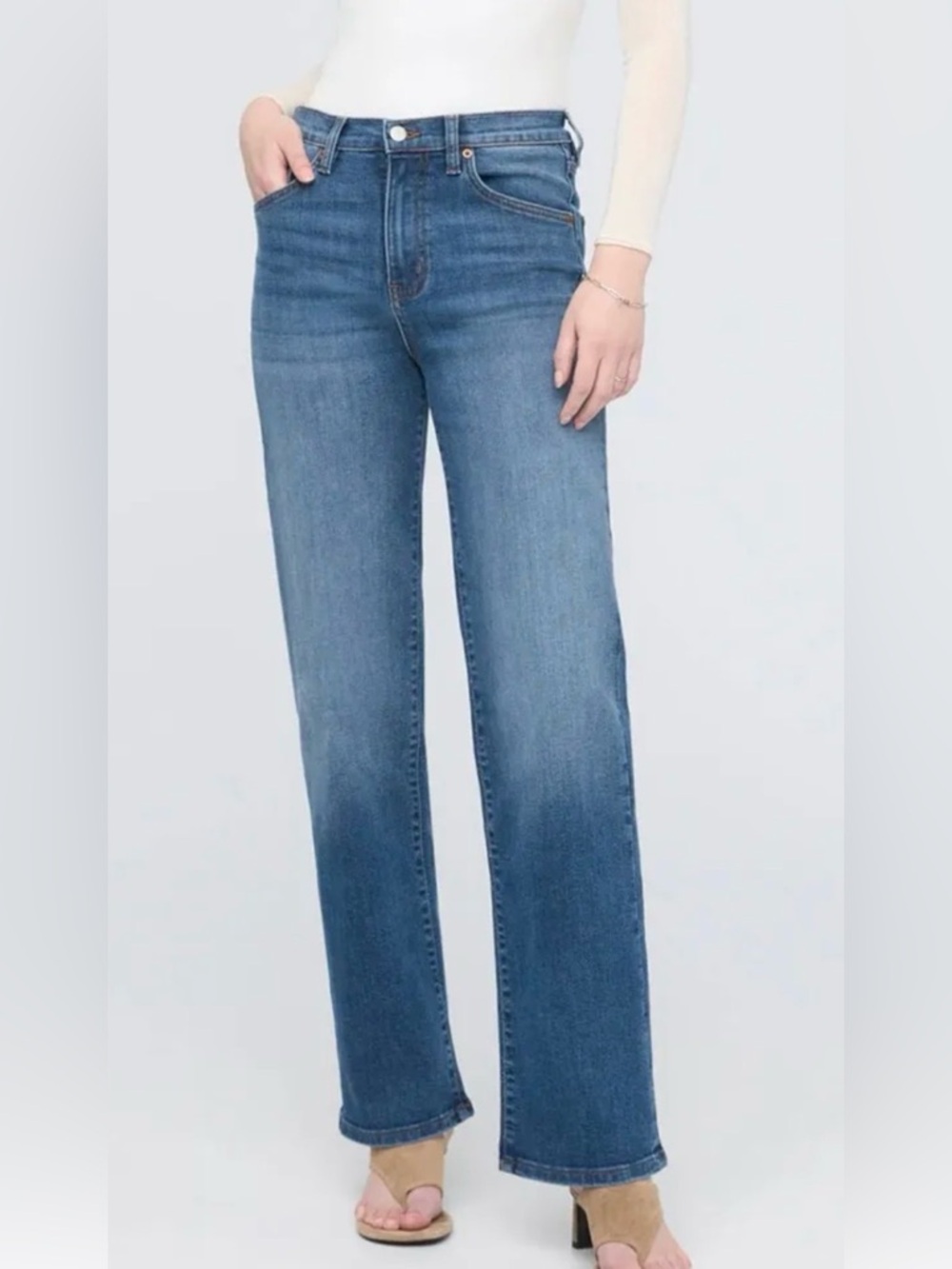 DU/ER Women's Performance Denim High Rise Straight Leg Jeans - Mid Blue Sz 28